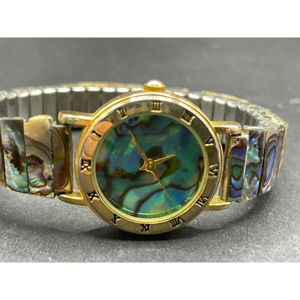 Vintage Badavici Abalone Shell Gold Tone Quartz Women's Watch Stretch Band
